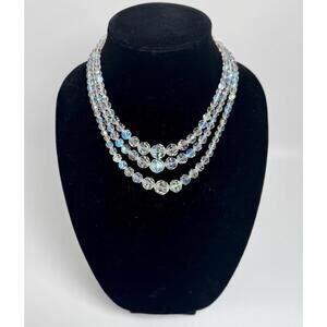 Vintage Art Deco Faceted AB Glass Bead Jewelry Crystal Multi-Strand Necklace